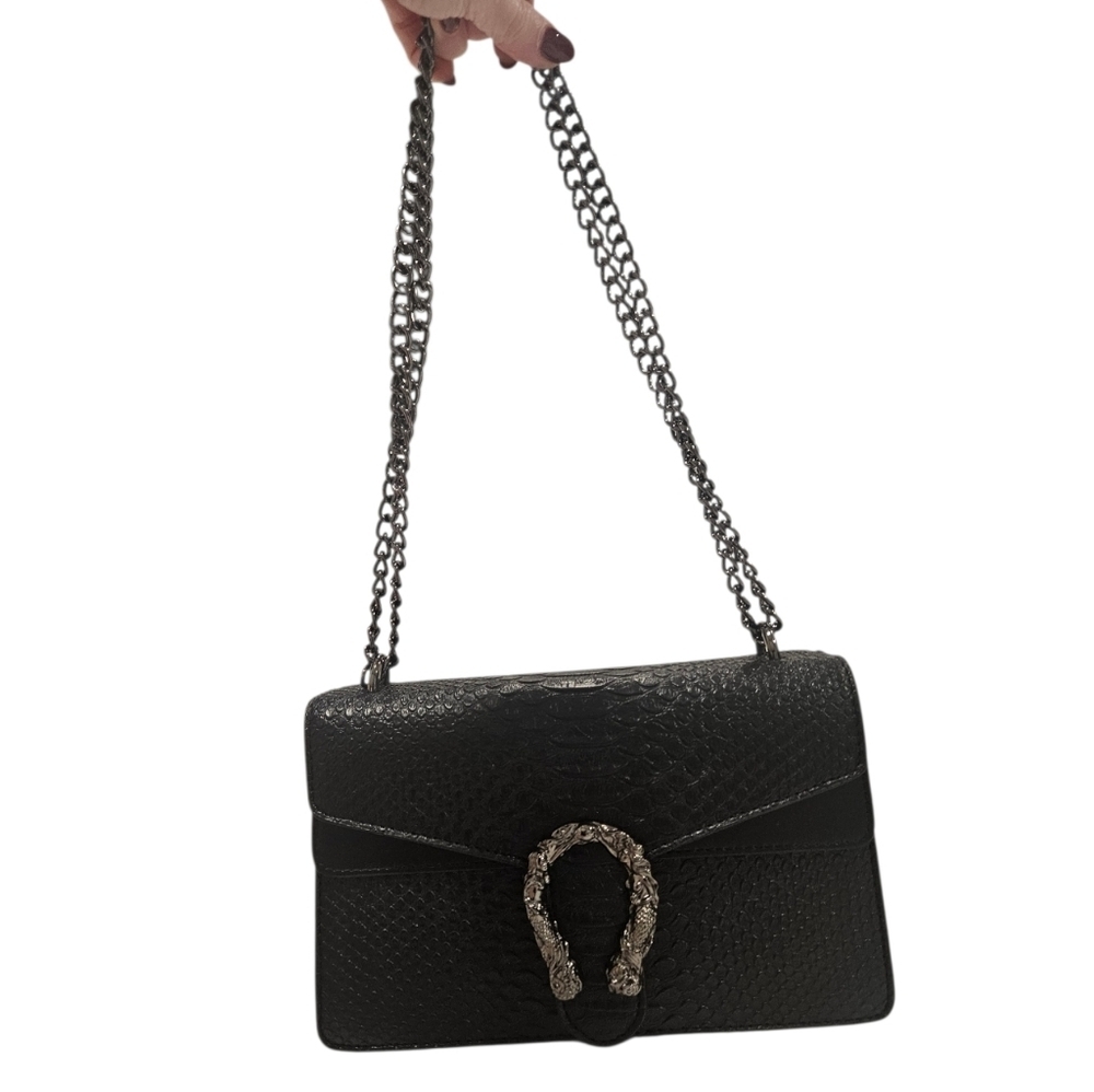 NEW Black Croc Embossed & Snake Detailed Closure With Gunmetal Hardware Bag - Picture 8 of 12